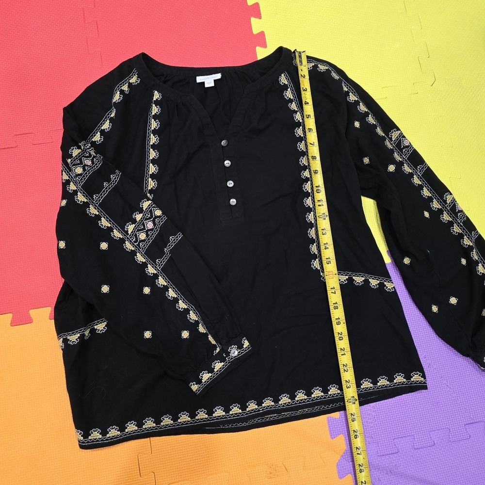 Pure Jill ElementsBlack Cotton Embroidered Boho Blouse Top Women's Large L